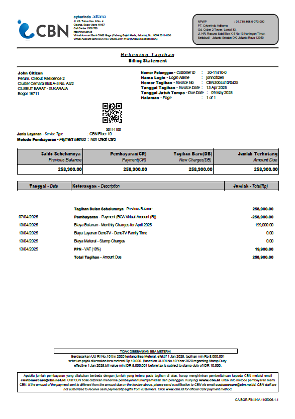 Indonesia Cyberindo Aditama utility bill template in Word and PDF formats